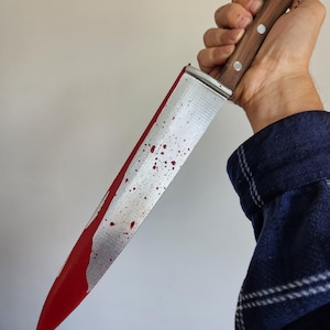 May include: A silver kitchen knife with a wooden handle and red blood splatters on the blade.