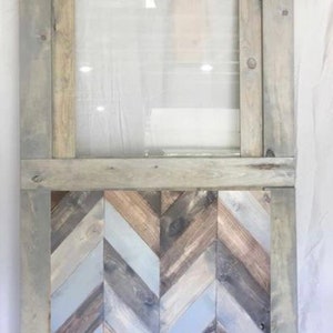 2 chevron bottom window barn doors- without window- 98”x58”- gray border with chevron