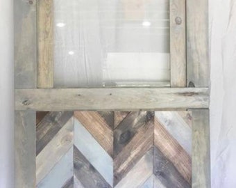 2 chevron bottom window barn doors- without window- 98”x58”- gray border with chevron