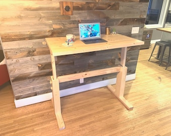 Stand, stool, sit desk. 3 levels adjustable desk, customizable stain and sizes