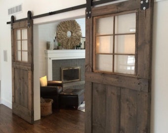 TWO 6 pane window barn doors- TWO 82” x 38”- dark walnut stain