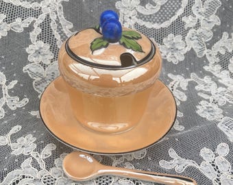 Noritake Morimura Bros. Lusterware Condiment Jar with Spoon, Hand-Painted Blue Berries