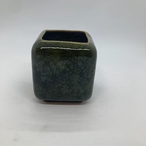 Dryden Pottery Kansas Clay Small Square Planter Vase Dark Green Signed