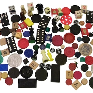 150 Vintage Game Pieces: Dice - Dominos -Checkers - Bingo Markes - Wood & Plastic Craft Supplies