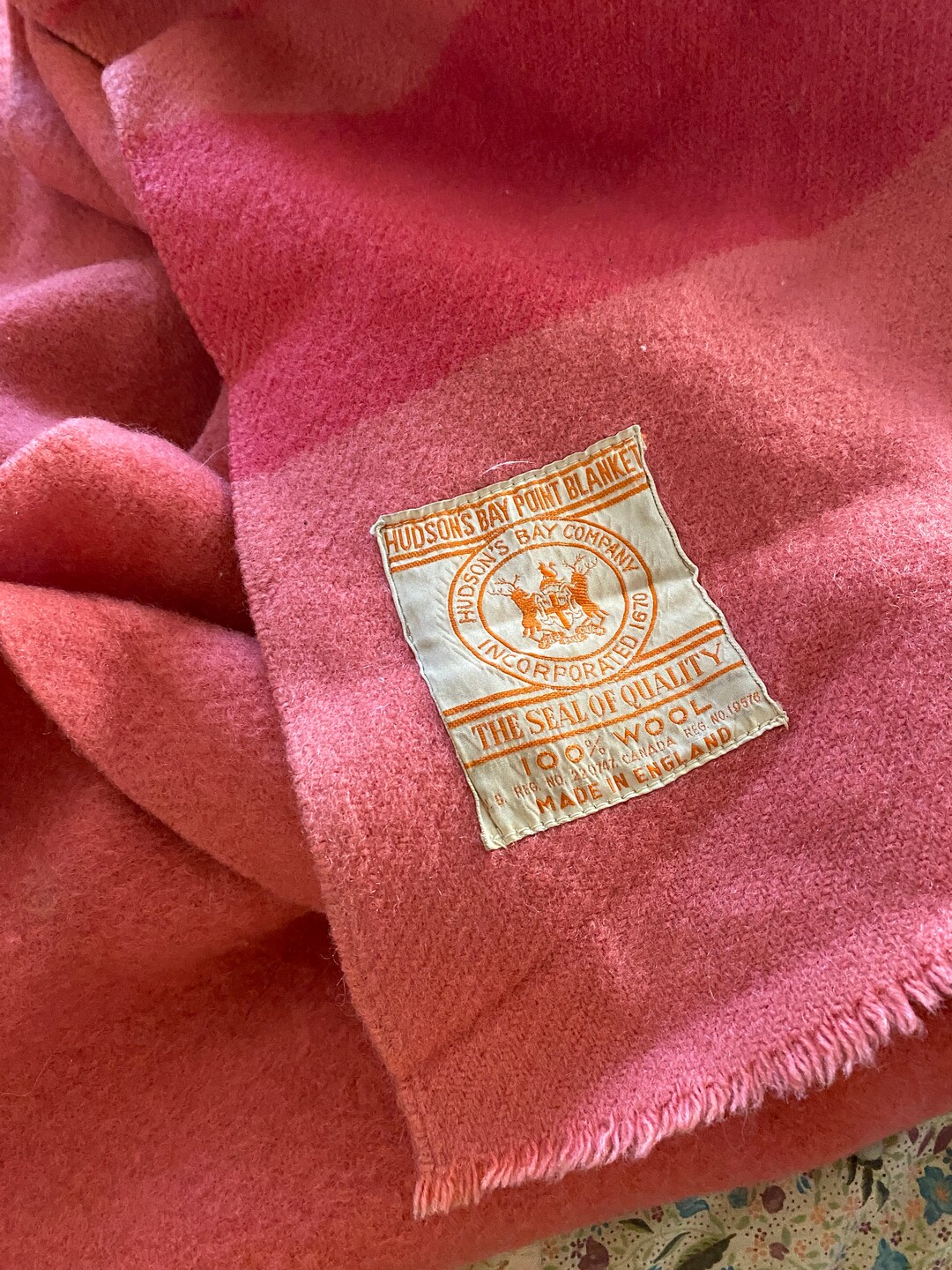 Hudson Bay Blanket Rose Pink 4 Point Gold Label 1920s 72 by 82 Inches