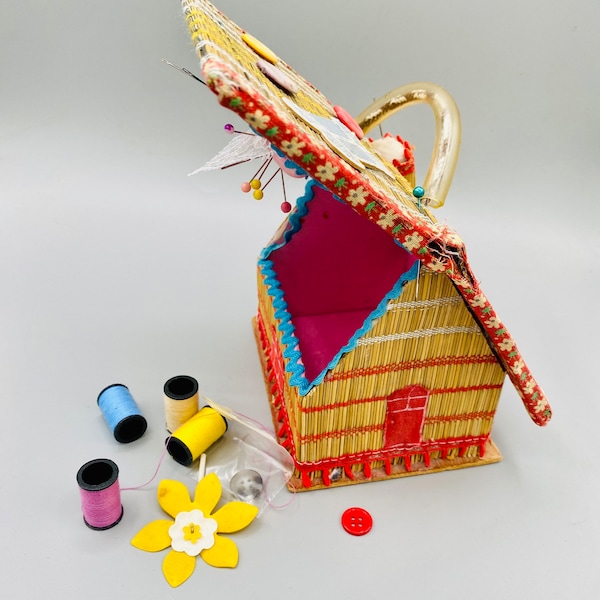 Wicker Cottage Shaped Sewing Basket Japan Box House design pin Cushions Sewing Notion Crafting Organizer Boho