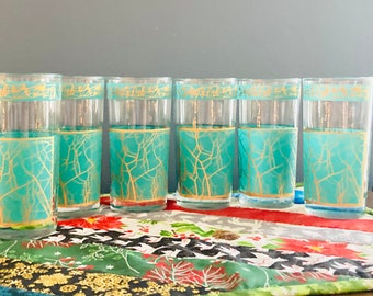 6 Aqua and Gold Tumblers  MCM Turquoise with Gold Crackle Tree seeds leaves Pattern Glass Glasses Barware 8 oz drinking hi ball glasses