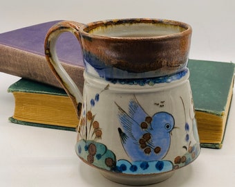 Ken Edward Signed Mug 20 oz. Oversized coffee Beer Stein Mexican Pottery Folk Art pottery El Palomar Bluebird  Butterfly Ken Edwards Tonala