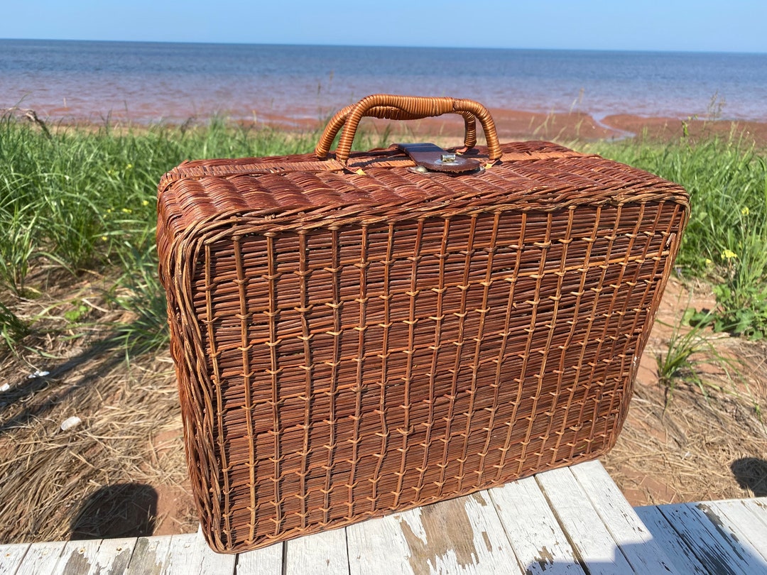 Wicker Suitcase Picnic Basket Hamper Rustic Boho Decor Rattan Handled