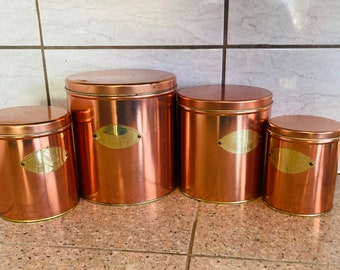 copper Canister set 80s Coppertone with Brass detail Rustic Tin kitchen canisters Farmhouse decor  nesting set canister  Set of 4