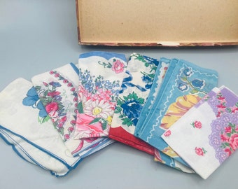 25 printed Handkerchiefs in Antique Hosiery lingerie  cardboard Box embossed textured with ribbon Hankies antique cotton florals pretty