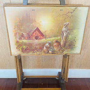4  country TV Tables Trays w Caddy Cart Carrier  Snack Tables Rustic Pastoral Farm Scenes Shipping included
