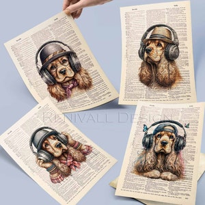 Collection Set of 4 Cocker Spaniel with Headphones II, Book Prints, Gift ideas for Book Lovers Writers, Dog Home Decoration