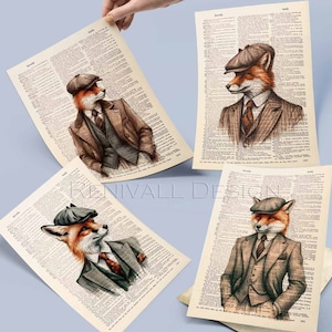 Set van 4 prints, Fox Art Print, Fox Home Decor, Collectieset, Kunstcadeaus voor mannen, Cadeau-ideeën voor boekenliefhebbers, Fox Lover Gifts