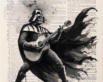 Peut inclure: Une illustration en noir et blanc de Dark Vador jouant de la guitare. L'image est superposée à une page de dictionnaire, avec le mot "lowly" visible en arrière-plan.