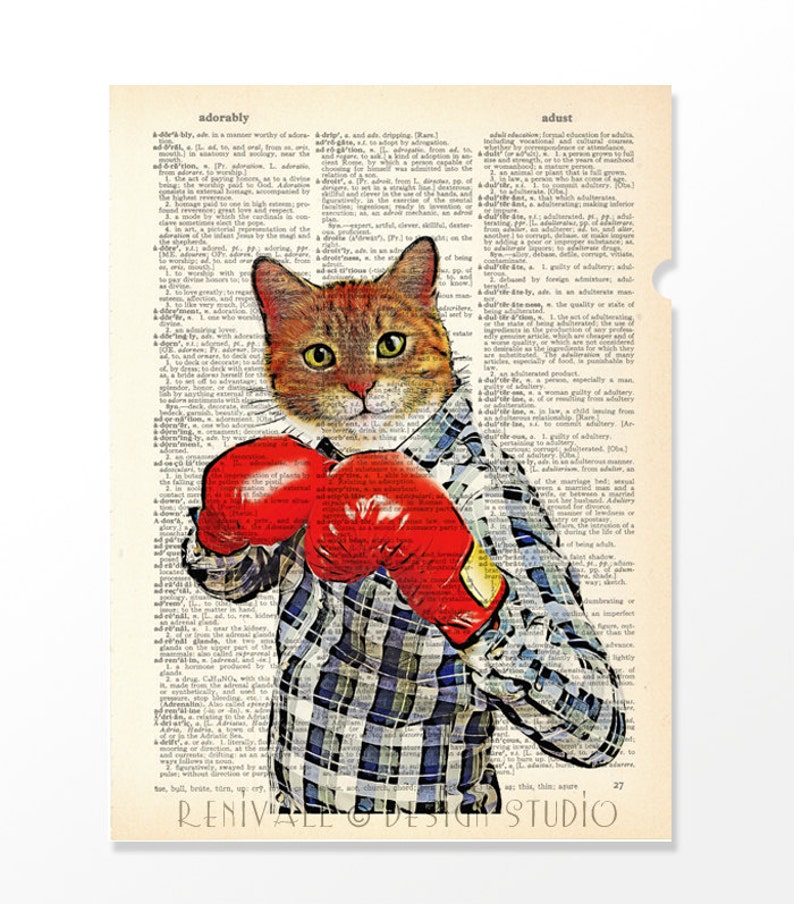 Cat With Boxing Gloves Dictionary Art Print Original Artwork Etsy