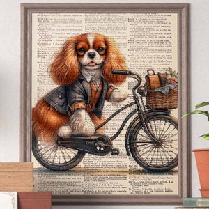 Cavalier King Charles Spaniel Blenheim with bicycle, Gift ideas for book lovers, Dog Home Decoration