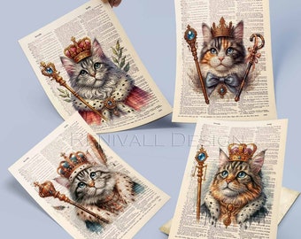 Cat with crown, Collection Set of 4 Prints, Gift ideas for book lovers, Cat Home Decoration, Gift ideas for book lovers, Cat lover gift