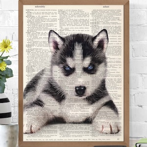 Chien husky, impression d&#39;art de dictionnaire, papier de dictionnaire, animaux de compagnie d&#39;art, idée cadeau pour les amateurs de livres, décoration d&#39;art mural, décoration murale suspendue