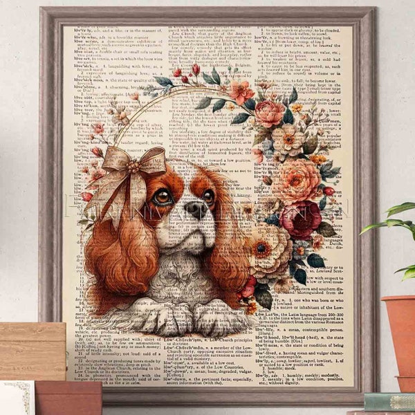 Cavalier King Charles Spaniel Blenheim with Ribbon and Flowers, Dictionary Art print, Gift ideas for book lovers, Dog Home Decoration
