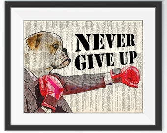 English Bulldog Boxer, Dictionary art print, Motivational quote, Painting picture, Dog illustration, Wall Art, Wall Decor, Poster Painting