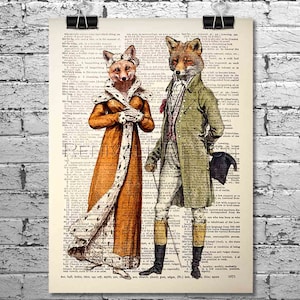 Vintage Fox Gentlemen And Lady I, Art Print dictionary, Fox Lover Gift for home, Gift for Him, Gift idea for book lovers, Housewarming gift