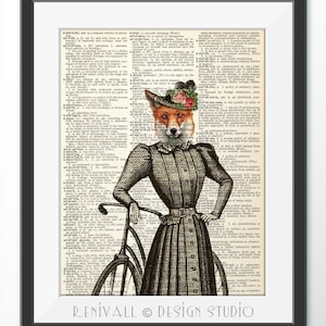 Fox lady flower hat, Art Print dictionary, Fox picture, Fox illustration, Fox Wall Art, Gift idea for book lovers, Wall Decor Wall Hanging
