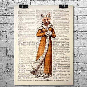 Fox Lady II, Art Print dictionary, Fox Lover Gift for Home, Gift for Wife from Husband, Gift idea for Book Lovers, Fox Gifts for Women