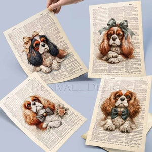 Set da collezione di 4 Cavalier King con nastro/papillon, regalo per la mamma, carta da dizionario antica, idee regalo per gli amanti dei libri, decorazione per la casa del cane
