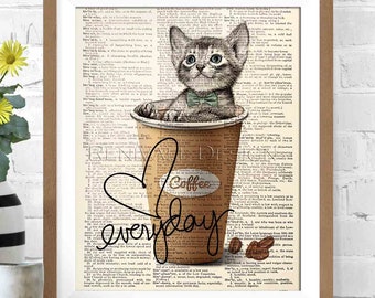 Love coffee art, Dictionary Art Print, Cat coffee wall art print, Coffee lover gift, Gift ideas for book lovers, writers