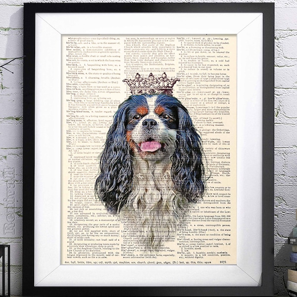 Cavalier King Charles Spaniel tricolore, impression d'art dictionnaire, idées cadeaux pour les amateurs de lecture, portrait d'animal de compagnie, art mural décoration d'intérieur, cadeau pour amoureux des chiens