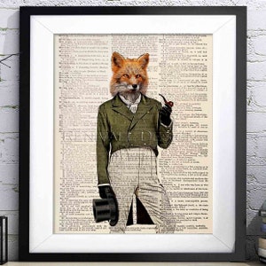 Fox Gentleman, Art Print dictionary, Fox Lover Gift for home, Gift for Husband, Gift idea for book lovers, Pet Portrait, Home Decor Wall Art