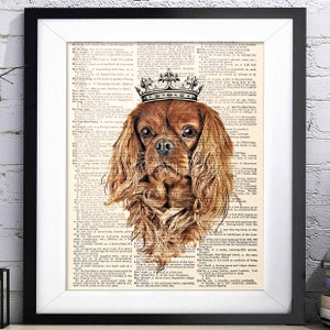 Cavalier King Charles Spaniel Ruby with crown, Dictionary Art print, Dictionary paper, Pet Portrait, Home Decor Wall Art, Dog Lover Gift