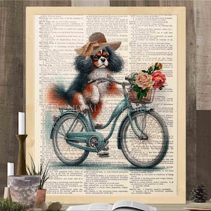 Cavalier King Charles Spaniel Tricolour with Bicycle, Book Prints, Old Dictionary Paper, Gift ideas for book lovers, Dog Home Decoration