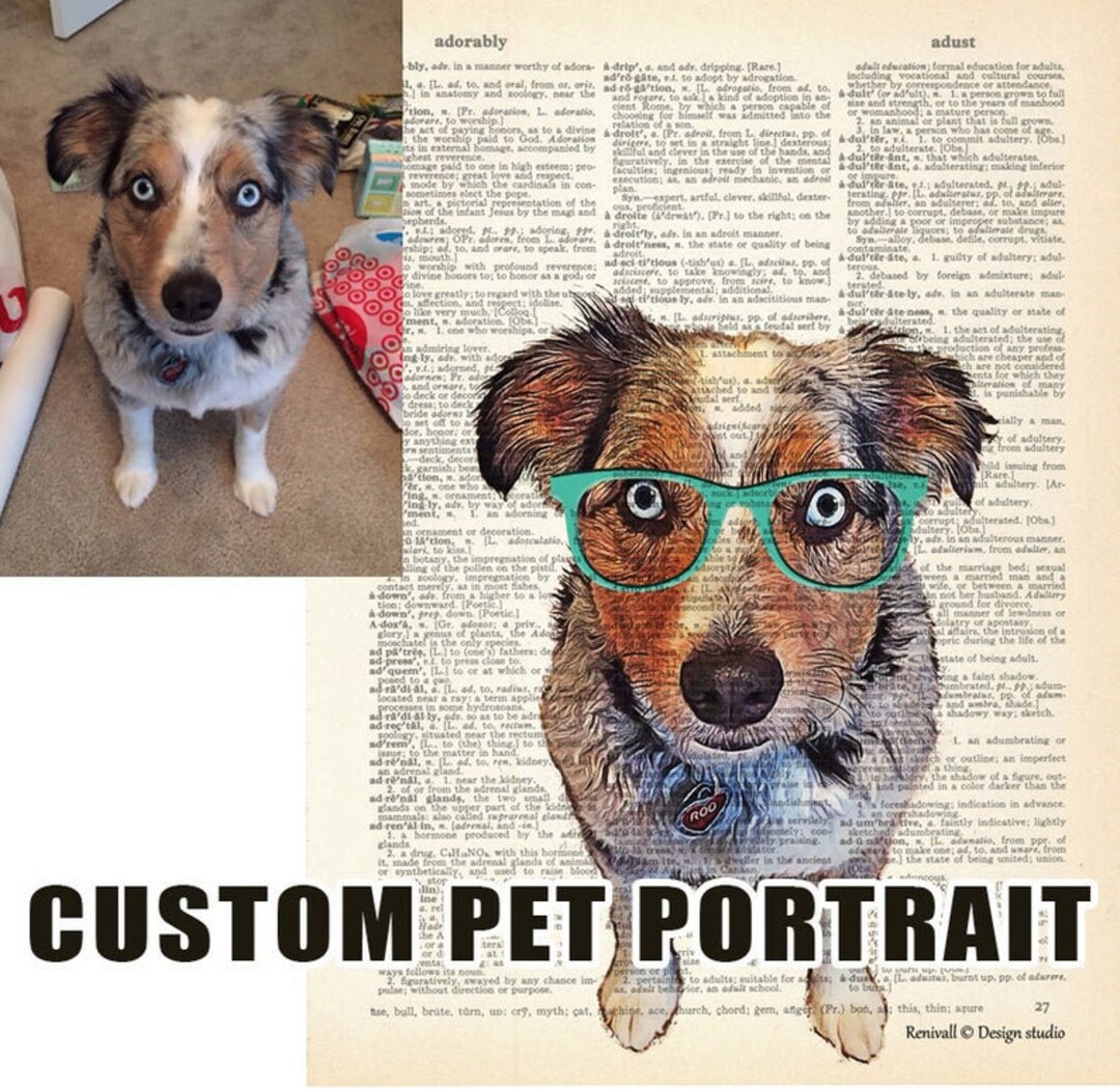 Custom Pet Portrait From Photo, Art Print Dictionary, Personalized Gift ...