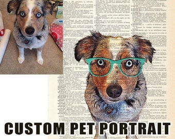 Custom Pet Portrait from photo, Art Print dictionary, Personalized Gift Idea for Pets & Pet Lovers, Custom gifts for writers, Custom Pet Art