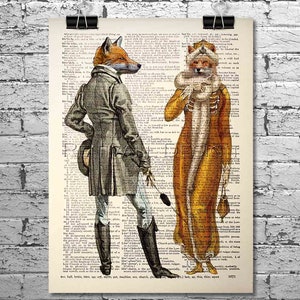 Vintage Fox Gentlemen And Lady II, Art Print dictionary, Fox Lover Gift for home, Gift for Him, Gift idea for book lovers, Housewarming gift
