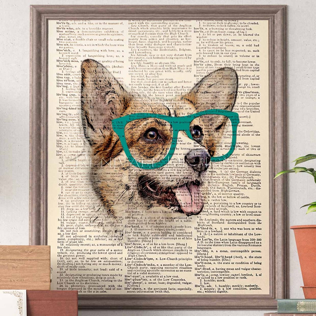 Corgi Dog Art Print With Glasses Dictionary Art Print Gift