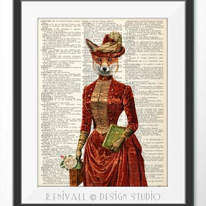 Fox lady, Art Print dictionary, Fox picture, Fox illustration, Fox Wall Art, Gift idea for book lovers , Wall art home decor, Wall Hanging