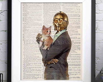 Regalo para amantes de los gatos de Star Wars de C3PO, lámina artística de Star Wars, lámina de diccionario de Star Wars, impresión de gato, decoración de gato, arte de pared de gato, póster de gato