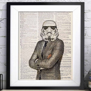 May include: A black and white illustration of a Stormtrooper from Star Wars wearing a suit and tie. The illustration is superimposed on a page of a dictionary.