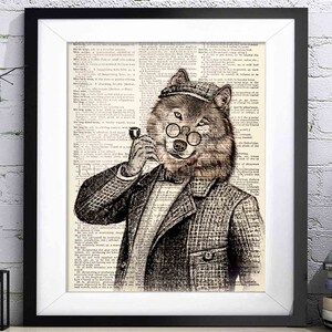 Wolf Illustration, Wörterbuch Kunstdruck, Geschenk für Mann, Geschenkidee für Buchliebhaber, Wandbehang