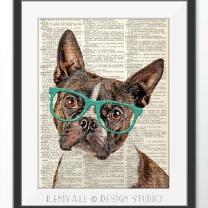 Boston terrier with glasses, Dictionary art print, Gift ideas for book lovers, Dog Lover Gift, Wall Decor, Home Decor