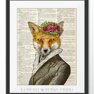 Fox lady flower hat, Art Print dictionary, Gift for wife, Gift ideas for book lovers, Wall Decor, Home Decor