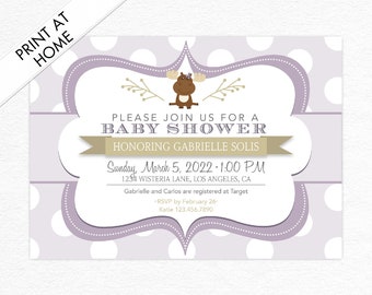 Moose Woodland Purple Polka Dot Baby Shower Invitation