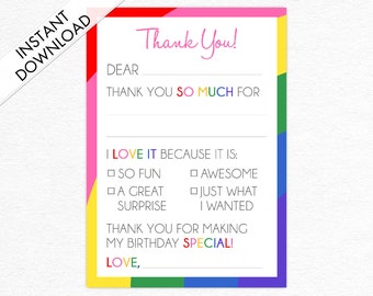 Bright Rainbow Thank You Card, Fill in the Blank Birthday Card, Instant Download