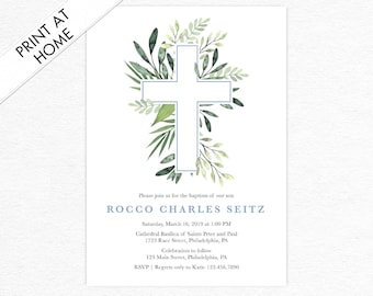 Baptism or First Communion Invitation with Greenery and Cross