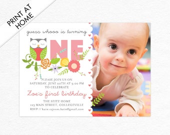 First Birthday Owl Invitation with Photo Download and Print