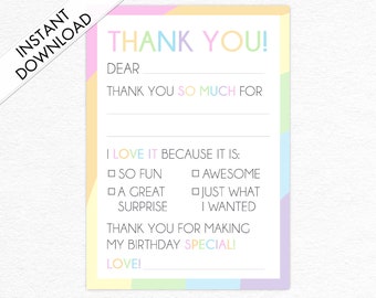 Pastel Rainbow Instant Download Fill in the Black Thank You Card