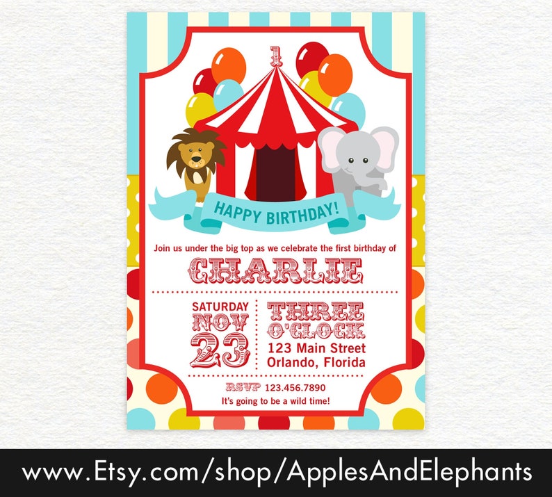 Bright and happy carnival/circus theme. 5x7" invitation. Red and white striped circus tent with lion and elephant.